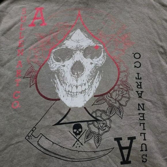 Sullen Art Hoodie Mens M Army Green Pullover Skulls Tattoo Sweatshirt Buckle - Picture 3 of 10